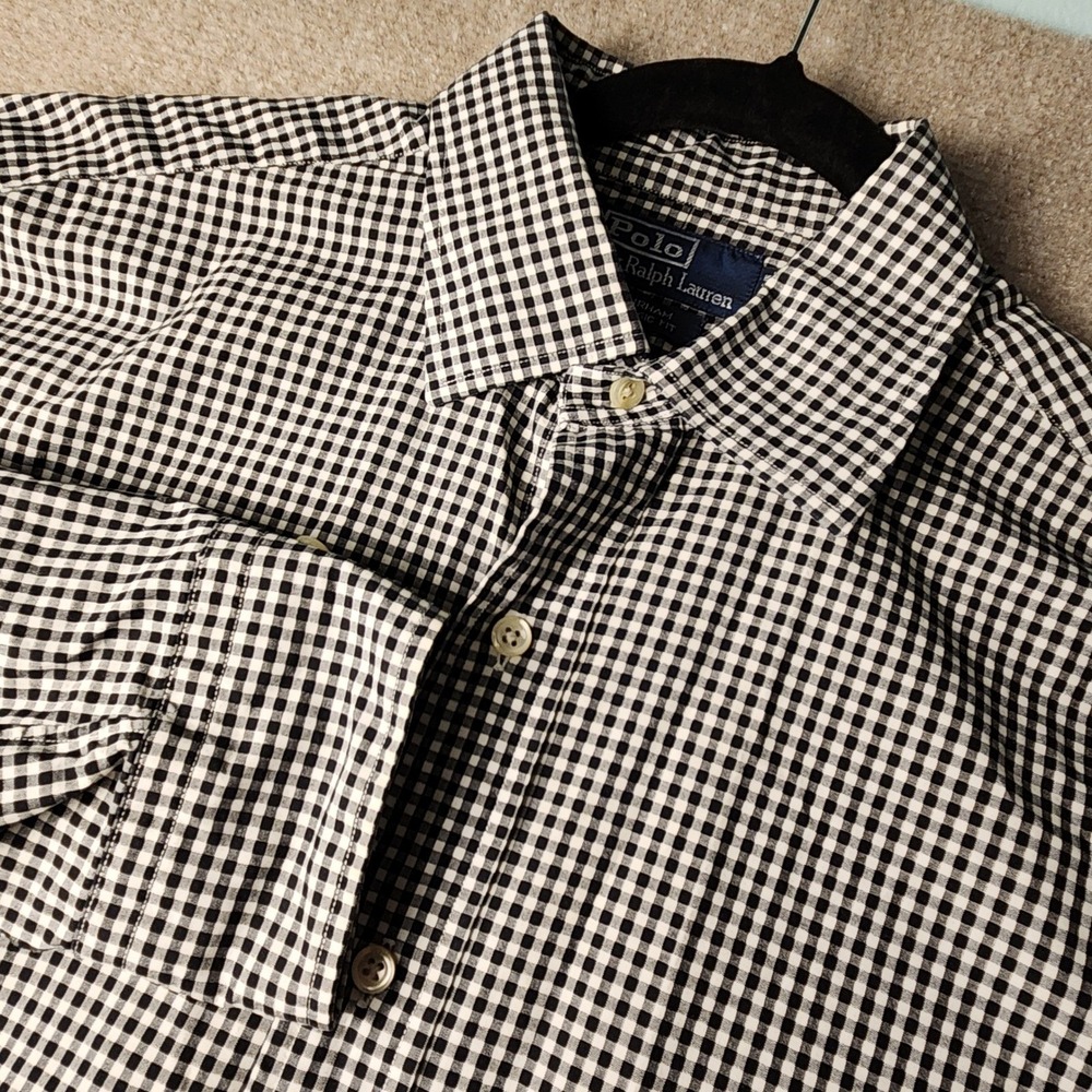 Polo Ralph Lauren Button Down Mens 16 L Black White Gingham Curham Classic Fit